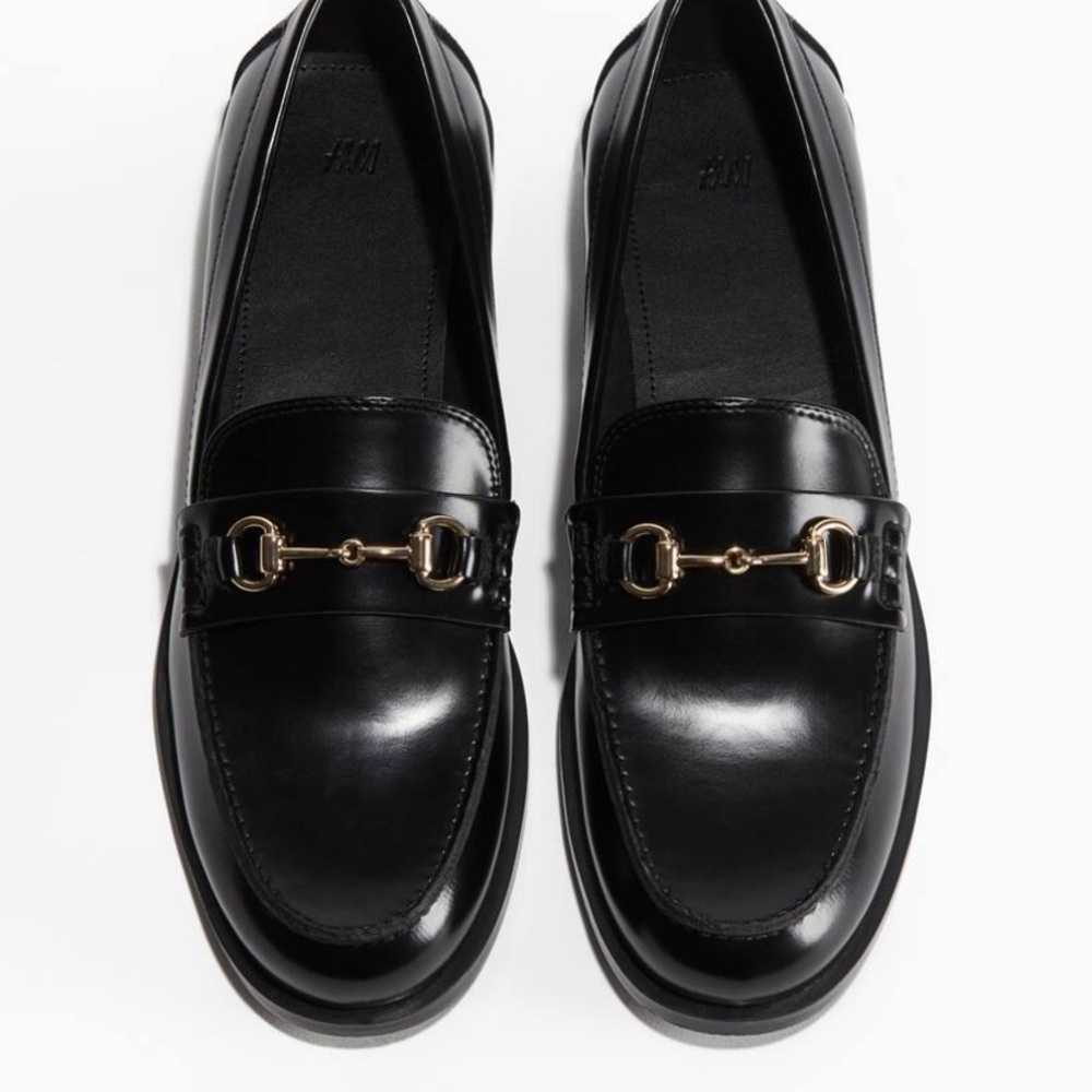 H&M Shiny Black Loafers with Gold Accent